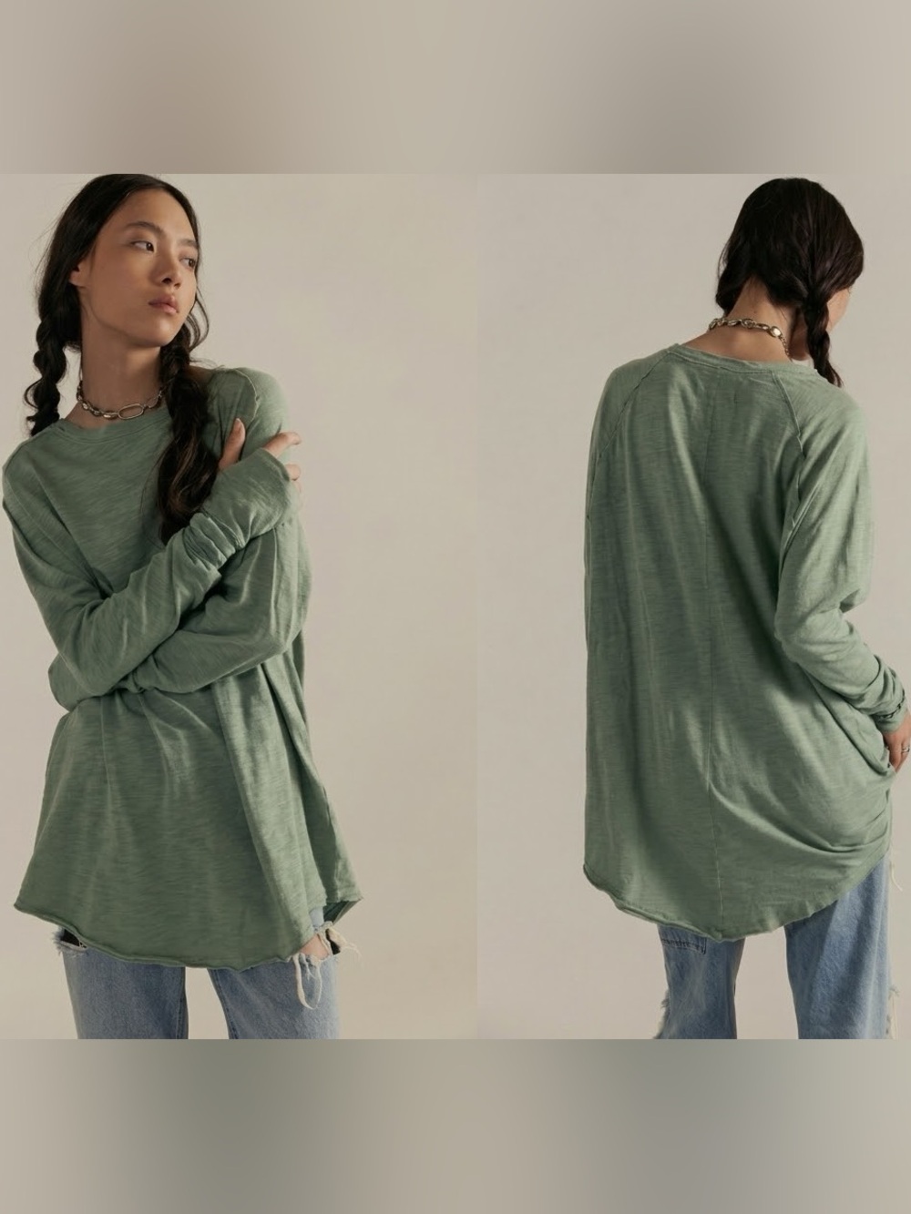 We The Free Free People Arden Tee Large Sage Green Cotton Thumbhole Top Boho